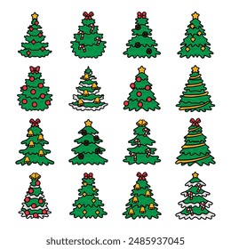 Hand Drawn Christmas Tree Colored Set