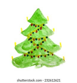 Hand drawn Christmas Tree with colorful decoration. Design element for holidays.