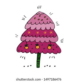 Hand drawn christmas tree. Decorated colored Christmas tree for winter illustrations and the new year. Winter time! New Year 2020 1
