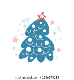 Hand drawn Christmas tree decorated with white balls and garlands, pink stars, blue dots isolated on white background. Vector flat illustration. Design for greeting card, banner, web, sticker