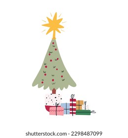 Hand drawn Christmas tree decorated with ornaments and star on top, flat vector illustration isolated on white. Cute xmas tree with pile of gift boxes under. Winter holiday celebration.