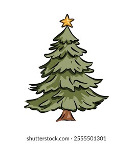 Hand drawn Christmas tree decorated with a bright star on top, perfect for holiday imagery vector illustration