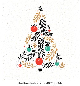 Hand drawn Christmas tree decorated with red and green balls. Greeting card vector design