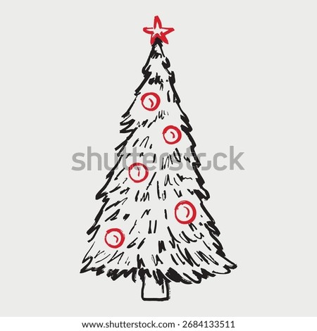 Hand drawn Christmas tree decorated with star and red glass balls, Vector sketch illustration made with crayon in vintage retro style. Greeting card, winter symbol