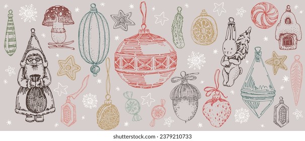 Hand drawn Christmas tree decorations set. Outlines santa, baubles, cookies, candy, toys, snowflakes illustrations. Festive vintage ornaments design. Xmas greeting, card, poster