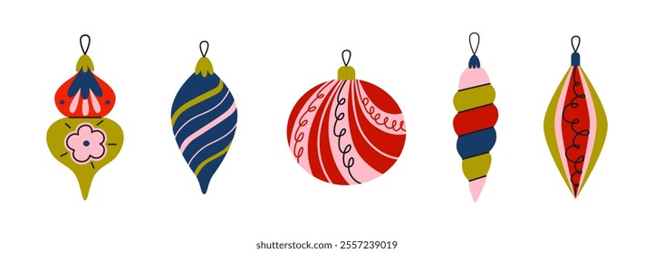 Hand drawn Christmas tree decorations, toys, icicles. Festive Christmas balls and baubles. Retro vintage bright colors.  Doodles and stickers. Winter holidays. Vector  isolated on white background. 