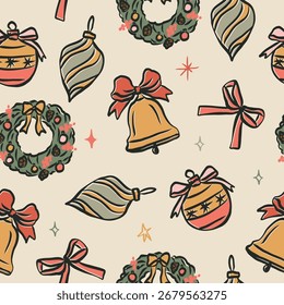 Hand drawn Christmas tree decorations seamless pattern