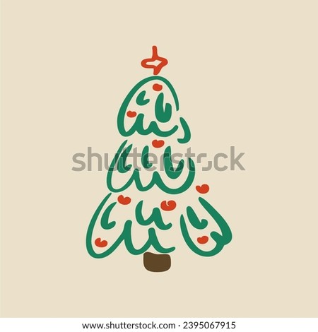 Hand drawn Christmas tree with decorations. Simple vector illustration, perfect for holiday greeting cards, retro style.
