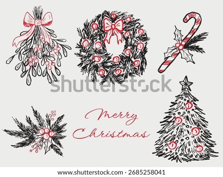 Hand drawn Christmas tree decorations, wreath, winter bouquet, candy cane. Vector sketch illustration in vintage crayon charcoal style. Merry Christmas greeting card