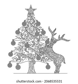Hand drawn of Christmas tree and deer in zentangle style