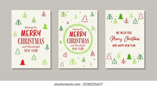 Hand drawn Christmas tree. Different greeting card set. Vector illustration 