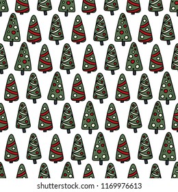 Hand drawn Christmas tree doodle seamless pattern for New Year 2019. Stock vector