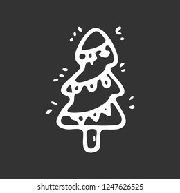 Hand drawn christmas tree doodle. Sketch winter icon. Decoration element. Isolated on black background. Vector illustration.