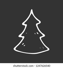 Hand drawn christmas tree doodle. Sketch winter icon. Decoration element. Isolated on black background. Vector illustration.