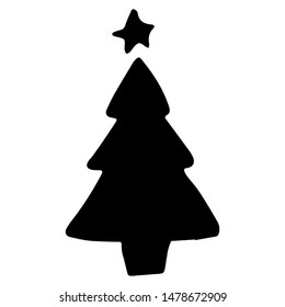 Hand Drawn Christmas tree doodle. Silhouette icon. Decoration element. Isolated on white background. Flat design. Vector illustration.