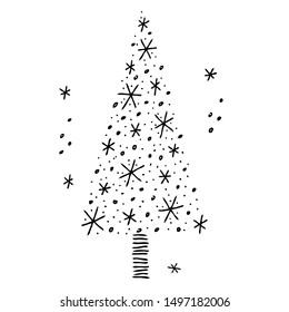 Hand drawn christmas tree doodle style. Monochrome white linear vector spruce tree, snowflakes, decoration. Winter illustration 2