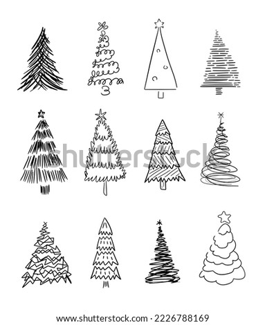 Hand drawn Christmas tree doodle illustration set. Funky, weird and eccentric Christmas tree drawing collection.