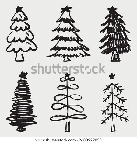 Hand drawn Christmas tree doodles in black. Vector sketch illustration in vintage crayon charcoal style. Winter tree ornaments, decorations. Crayon scribbles