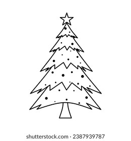 Handgezeichneter Weihnachtsbaum. Eleganter, schwarz-weißer Weihnachtsbaum mit Bausteinen. Skizze eines verzierten einfarbigen Tannenbaums. Frohe Weihnachten und glückliches neues Jahr. Einzelne Vektorgrafik
