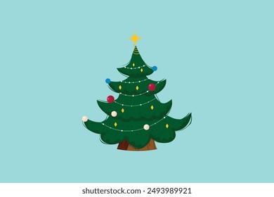 Árbol de Navidad dibujado a mano en diseño plano con adornos decoración agradable Ilustración vectorial de fondo editable