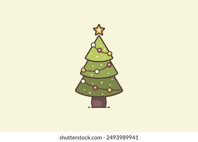 Árbol de Navidad dibujado a mano en diseño plano con adornos decoración agradable Ilustración vectorial de fondo editable