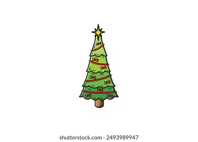 Árbol de Navidad dibujado a mano en diseño plano con adornos decoración agradable Ilustración vectorial de fondo editable
