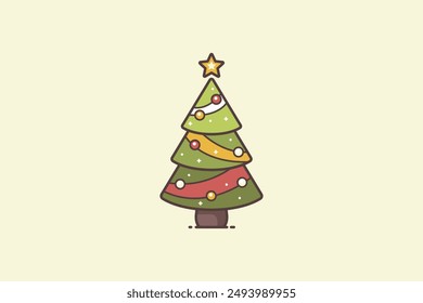 Árbol de Navidad dibujado a mano en diseño plano con adornos decoración agradable Ilustración vectorial de fondo editable
