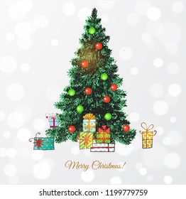 Hand drawn Christmas tree and gift boxes. Christmas card on white glowing background