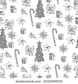 Hand drawn Christmas tree gift Santa seamless pattern sevector illustration