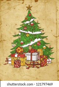 Hand drawn Christmas tree and gifts