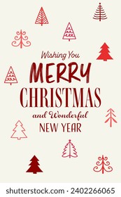 Hand drawn Christmas tree. Greeting card with decorations. Vector illustration