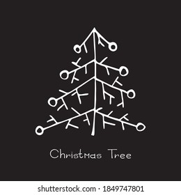 Hand drawn christmas tree icon on black chalkboard background. Xmas tree doodle sketch icon, new year scribble fir symbol, sign, silhouette isolated. Handdrawn vector imitation