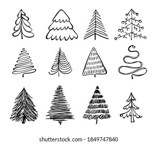 Hand drawn Christmas tree icon set isolated on white background. Xmas tree doodle icons collection, new year sketch scribble fir symbols. Handdrawn vector imitation