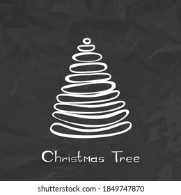Hand drawn christmas tree icon on black crumpled paper background. Xmas tree doodle sketch icon, new year scribble fir symbol, sign, silhouette isolated. Handdrawn vector imitation