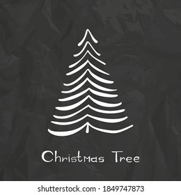 Hand drawn christmas tree icon on black crumpled paper background. Xmas tree doodle sketch icon, new year scribble fir symbol, sign, silhouette isolated. Handdrawn vector imitation
