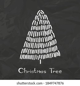 Hand drawn christmas tree icon on black crumpled paper background. Xmas tree doodle sketch icon, new year scribble fir symbol, sign, silhouette isolated. Handdrawn vector imitation