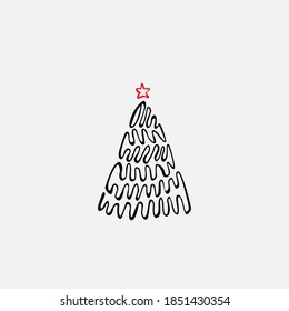 Hand drawn christmas tree icon on grey background. Xmas tree doodle sketch graphic element, new year scribble fir symbol, sign, silhouette isolated. Handdrawn vector imitation