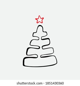 Hand drawn christmas tree icon on grey background. Xmas tree doodle sketch graphic element, new year scribble fir symbol, sign, silhouette isolated. Handdrawn vector imitation