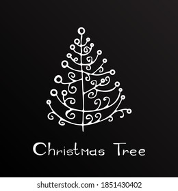 Handgezeichnete Weihnachtsbaumsymbol auf schwarzem Hintergrund. Weihnachtsbaumdoodle-Skizze-Symbol, neues Jahr Schreib-Tannensymbol, Schild, Silhouette einzeln. Handgezeichnete Vektorimitierung