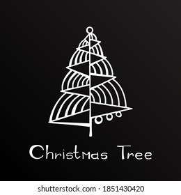 Hand drawn christmas tree icon on black chalkboard background. Xmas tree doodle sketch icon, new year scribble fir symbol, sign, silhouette isolated. Handdrawn vector imitation