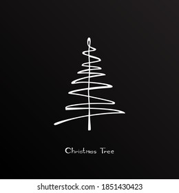 Hand drawn christmas tree icon on black chalkboard background. Xmas tree doodle sketch icon, new year scribble fir symbol, sign, silhouette isolated. Handdrawn vector imitation