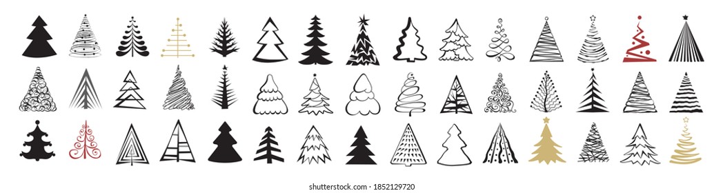 Hand Drawn Christmas Tree Icon Set Isolated On White Background. Xmas Tree Doodle Icons Collection, New Year Sketch Scribble Fir Symbols. Handdrawn Vector Imitation