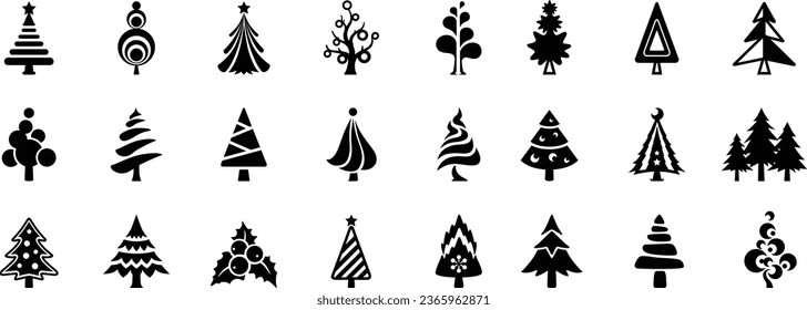 Hand drawn Christmas tree icon set isolated on white background. Xmas tree doodle icons collection, new year sketch scribble fir symbols. Han drawn vector imitation