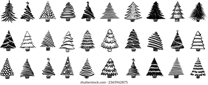 Hand drawn Christmas tree icon set isolated on white background. Xmas tree doodle icons collection, new year sketch scribble fir symbols. Han drawn vector imitation