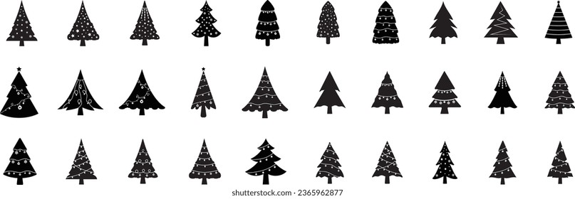 Hand drawn Christmas tree icon set isolated on white background. Xmas tree doodle icons collection, new year sketch scribble fir symbols. Han drawn vector imitation