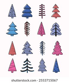 Hand drawn Christmas tree icon set. X-Mas decorations. Vector illustration