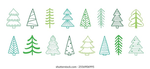 Hand drawn Christmas tree icon set. X-Mas decorations. Vector illustration