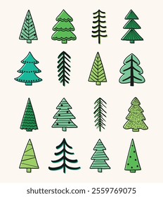 Hand drawn Christmas tree icon set. X-Mas decorations. Vector illustration