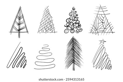 Hand drawn Christmas tree icon set isolated on white background