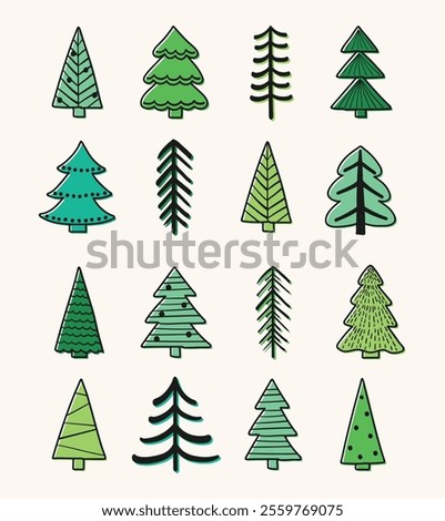 Hand drawn Christmas tree icon set. X-Mas decorations. Vector illustration